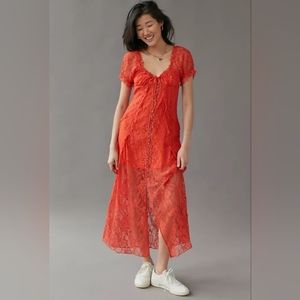 NWOT UO Samantha Lace Midi Dress Urban Outfitters Buttondown Red M